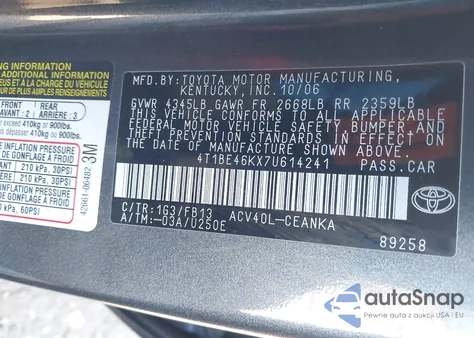 2007 Toyota Camry Le z USA, uszkodzony, nr VIN 4T1BE46KX7U614241